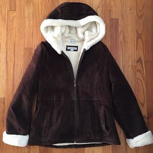Vintage Brown Leather Suede Jacket with Hood & Faux Fur Lining | Size Medium